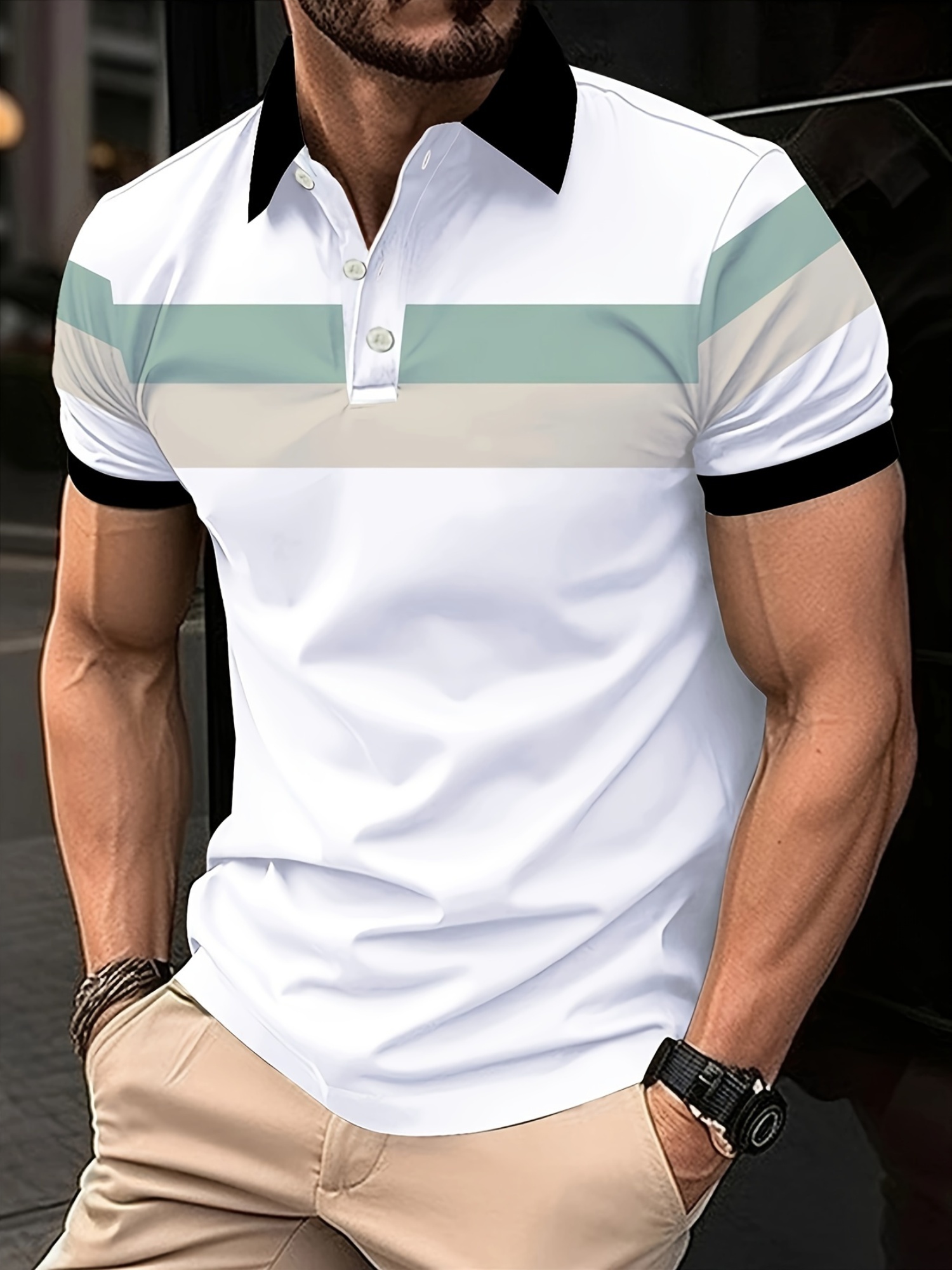 Men'S Polo Shirt with Summer White, Black, And Pink Striped Design, Featuring Short Sleeves, Contrasting Cuffs with White Trim, And a Three-Button Collar. It'S Stylish And Casual, Made from Breathable And Skin-Friendly Fabric - Image 6