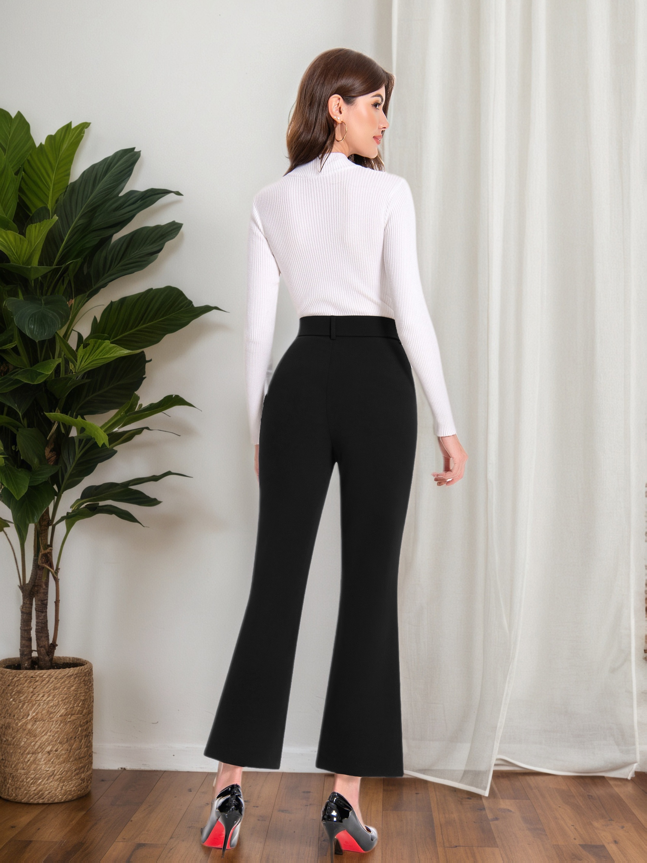 Elegant Plaid Flare Trousers for Women Featuring a High Waist And Tie Belt, Designed for a Slim Fit with Pockets, Perfect for Office Wear - Image 6