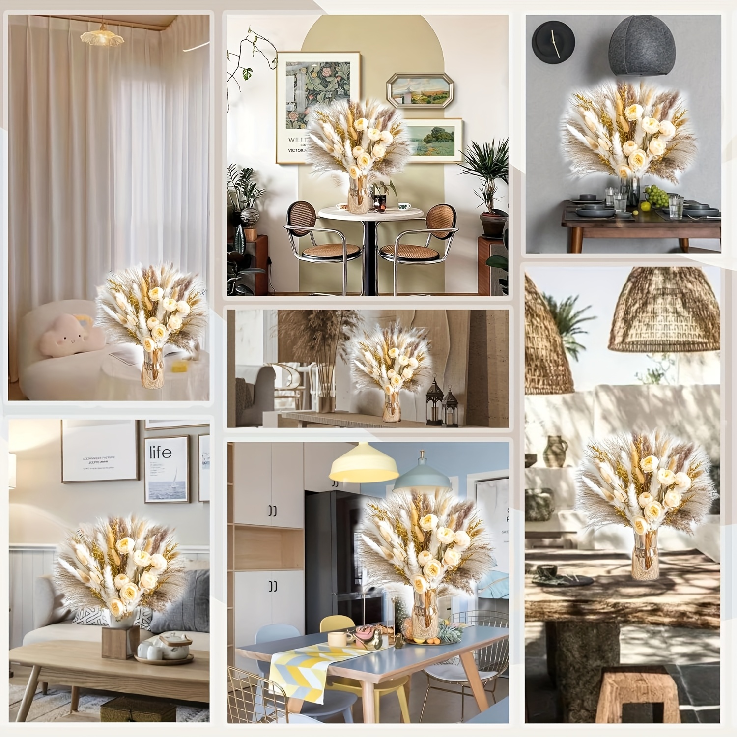 91/51pcs Large Dried Pampas Grass Bouquet with Artificial White & Beige Roses - Full Blooming Wedding, Home, Farmhouse Centerpiece - Low-Maintenance Boho Table Decor, Rustic Dried Flower Arrangement (No Vase Included) - Image 7