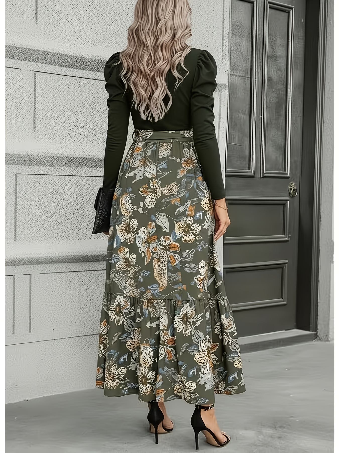 Military Green Spliced Floral Print Long Sleeved Dress for Women | Retro Elegant Style, Suitable for Daily Outings, Light Socializing, And Banquet Occasions - Image 3