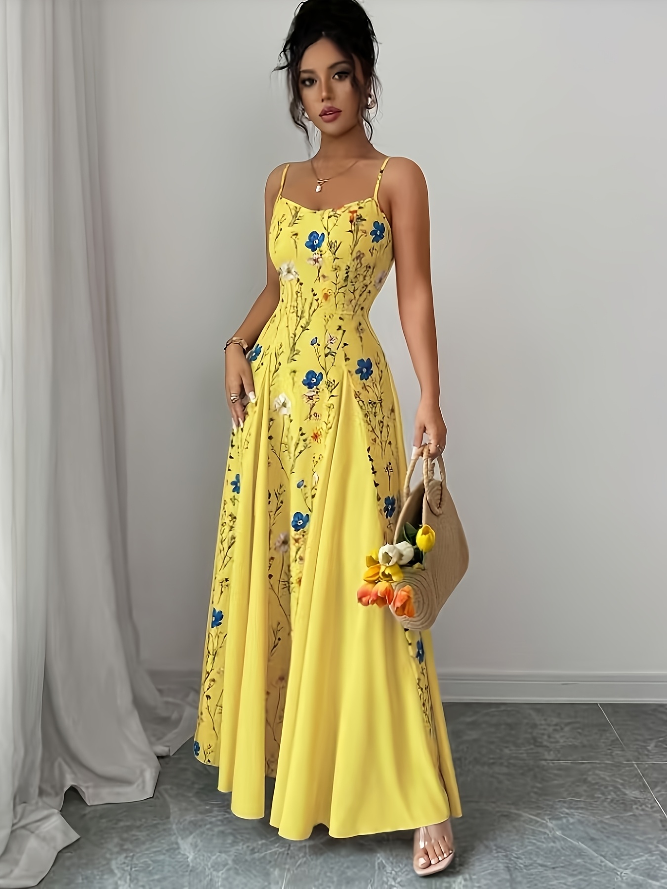 Elegant Floral Print Maxi Dress | French Romantic Spaghetti Strap, Flared Hem, Sleeveless, Backless Detail, Ideal for Spring/Summer - Image 2