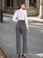High-Waist Plaid Flare Trousers with Tie Belt - Image 8