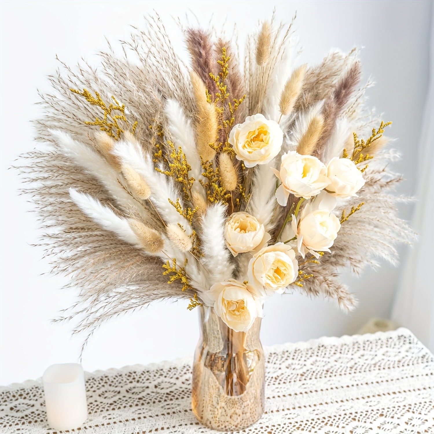 91/51pcs Large Dried Pampas Grass Bouquet with Artificial White & Beige Roses - Full Blooming Wedding, Home, Farmhouse Centerpiece - Low-Maintenance Boho Table Decor, Rustic Dried Flower Arrangement (No Vase Included)