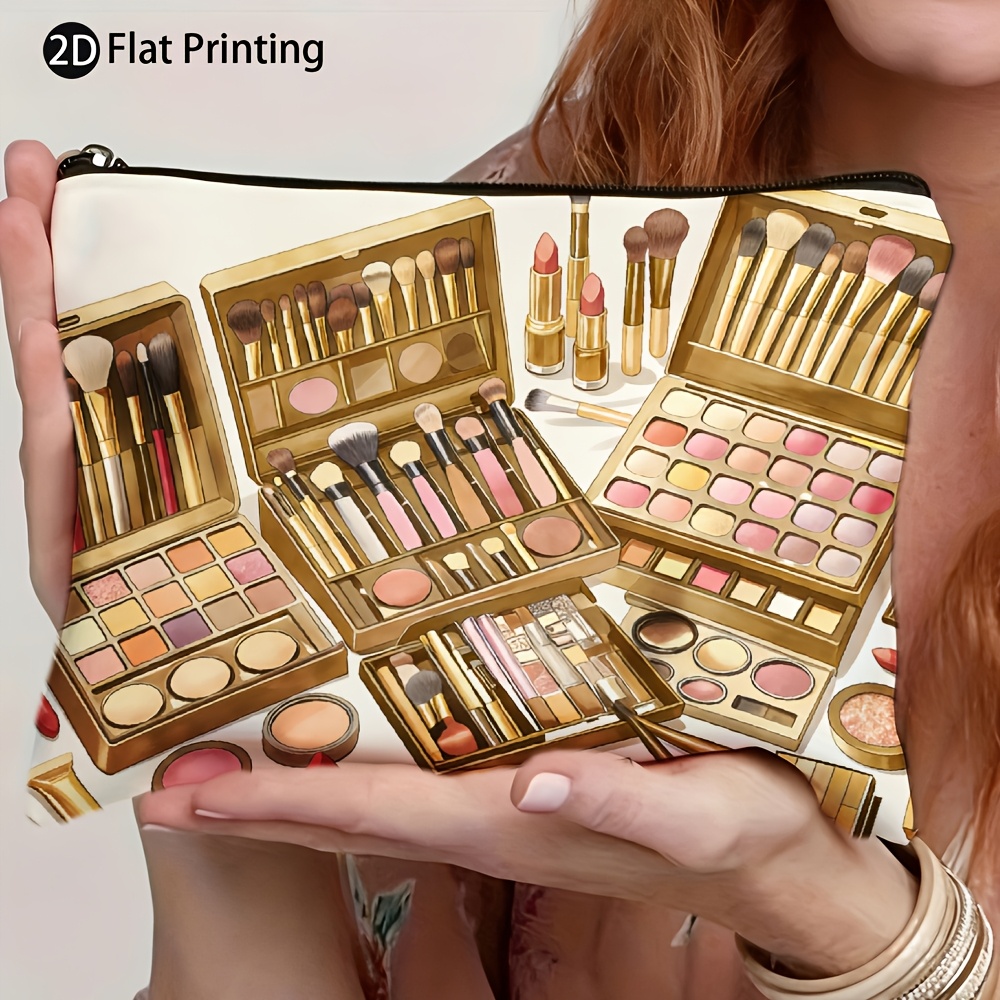 A Single Portable Bag Featuring a Golden Palette, Brushes, Lipstick, Eyeshadow, Foundation, Blush, And Setting Powder Design. It'S Lightweight, Foldable, Zippered, And Makes a Perfect Gift for Makeup Lovers with Its 2D Flat Print - Image 2