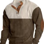 Men's Vintage Corduroy Color Block Sweatshirt - Warm & Comfortable Stand Collar Design with Button Details, Perfect for Casual Outings, Hiking, and Golf, Golf Clothing | Buttoned Placket | Corduroy Texture