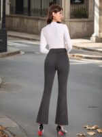 High-Waist Plaid Flare Trousers with Tie Belt - Image 9