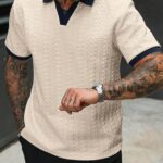 Men's Color-Block Short-Sleeve Casual Commuter Shirt, Men's Shirt, Beige Shirt, Men's V-Neck Wear, Men's Short-Sleeve Sweater Shirt, Men's Textured Shirt, Old Money