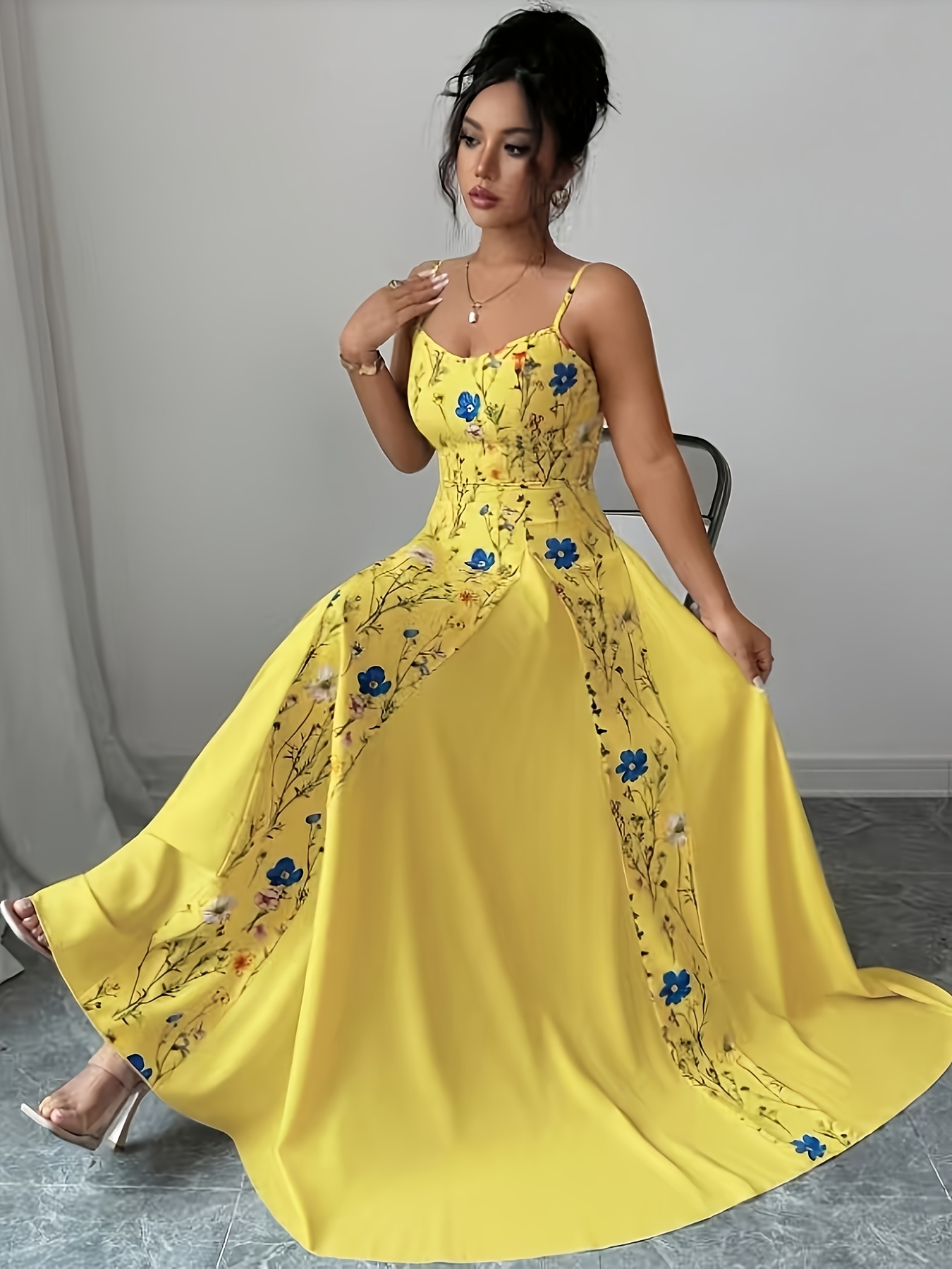 Elegant Floral Print Maxi Dress | French Romantic Spaghetti Strap, Flared Hem, Sleeveless, Backless Detail, Ideal for Spring/Summer - Image 7