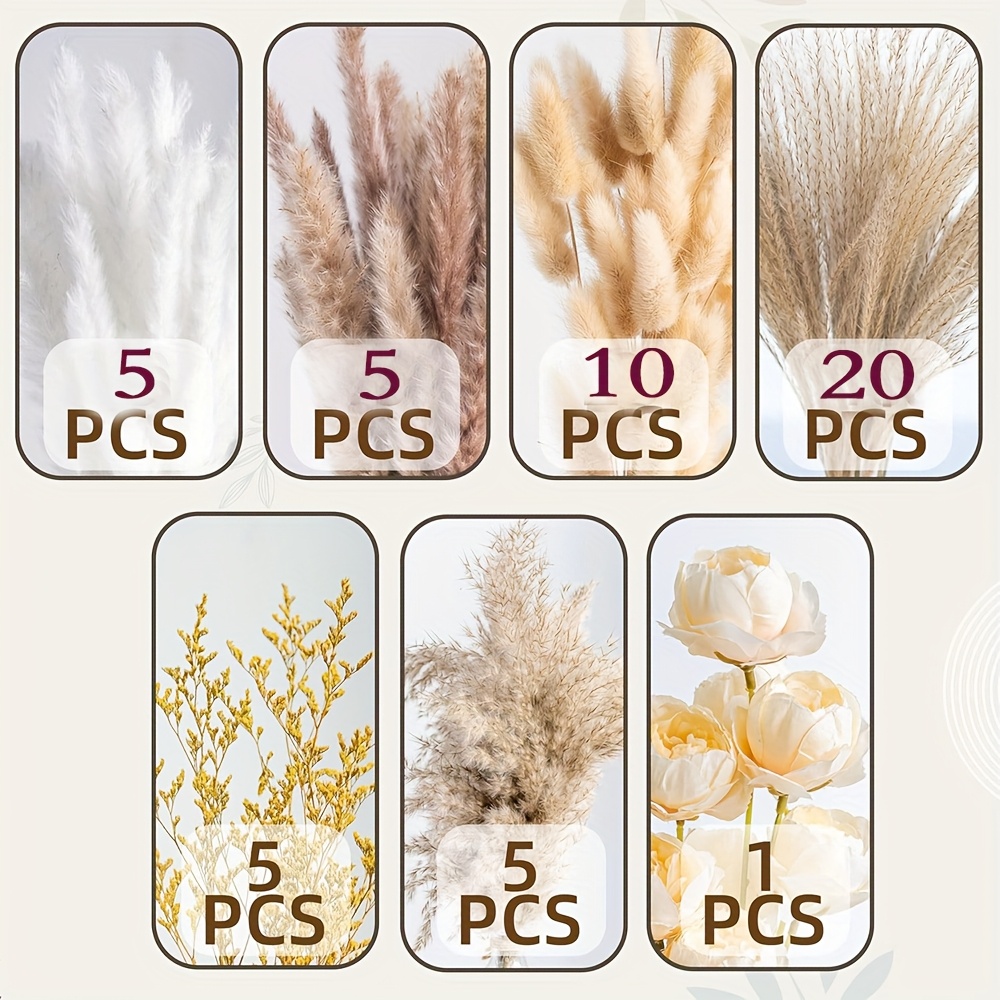 91/51pcs Large Dried Pampas Grass Bouquet with Artificial White & Beige Roses - Full Blooming Wedding, Home, Farmhouse Centerpiece - Low-Maintenance Boho Table Decor, Rustic Dried Flower Arrangement (No Vase Included) - Image 5