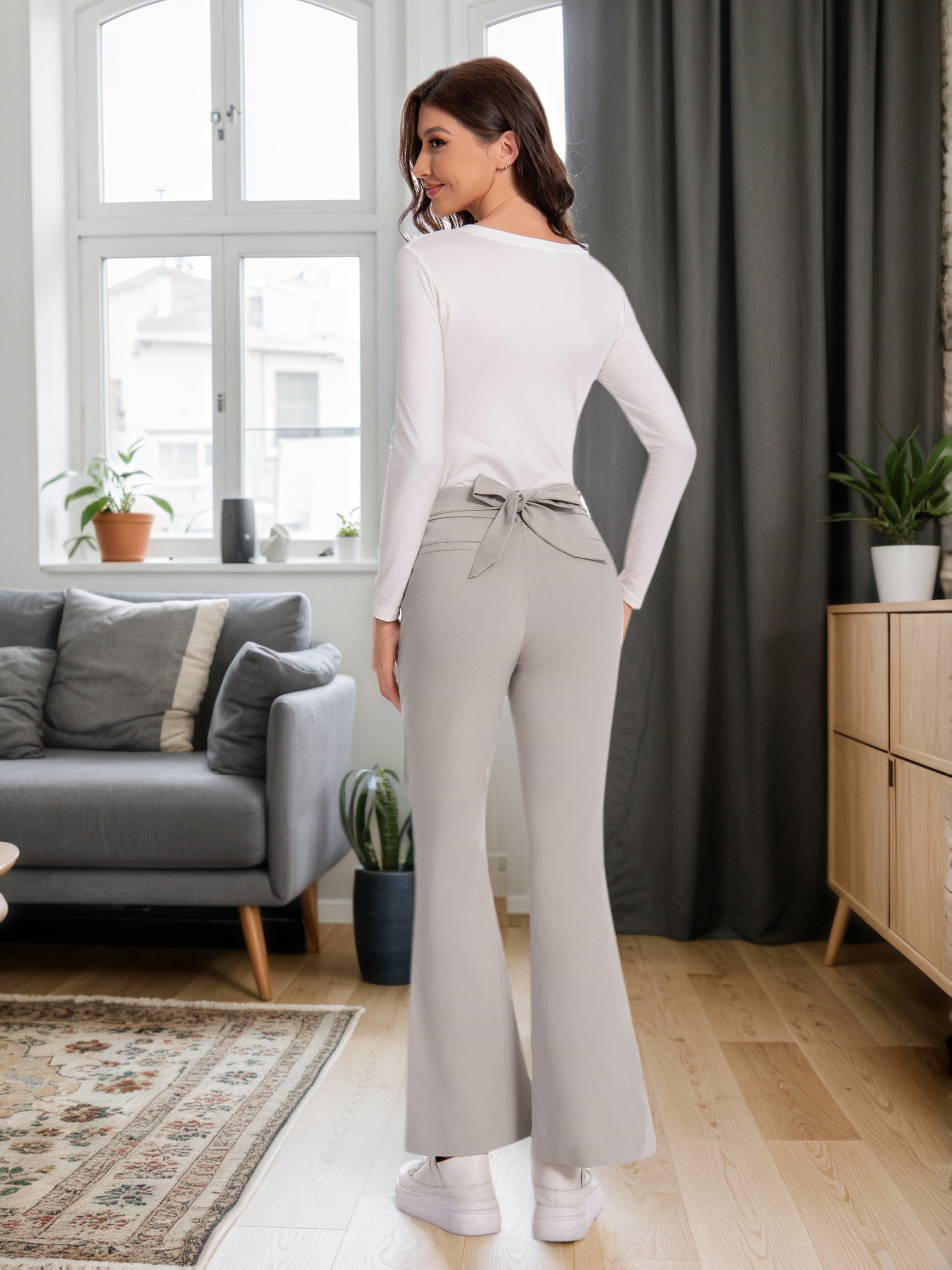 Elegant Plaid Flare Trousers for Women Featuring a High Waist And Tie Belt, Designed for a Slim Fit with Pockets, Perfect for Office Wear - Image 7