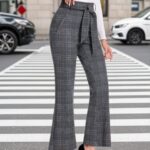 Elegant Plaid Flare Trousers for Women Featuring a High Waist And Tie Belt, Designed for a Slim Fit with Pockets, Perfect for Office Wear