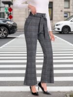 High-Waist Plaid Flare Trousers with Tie Belt