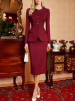 Burgundy Slim-Fit Blazer & Mid-Length Skirt Set - Image 2