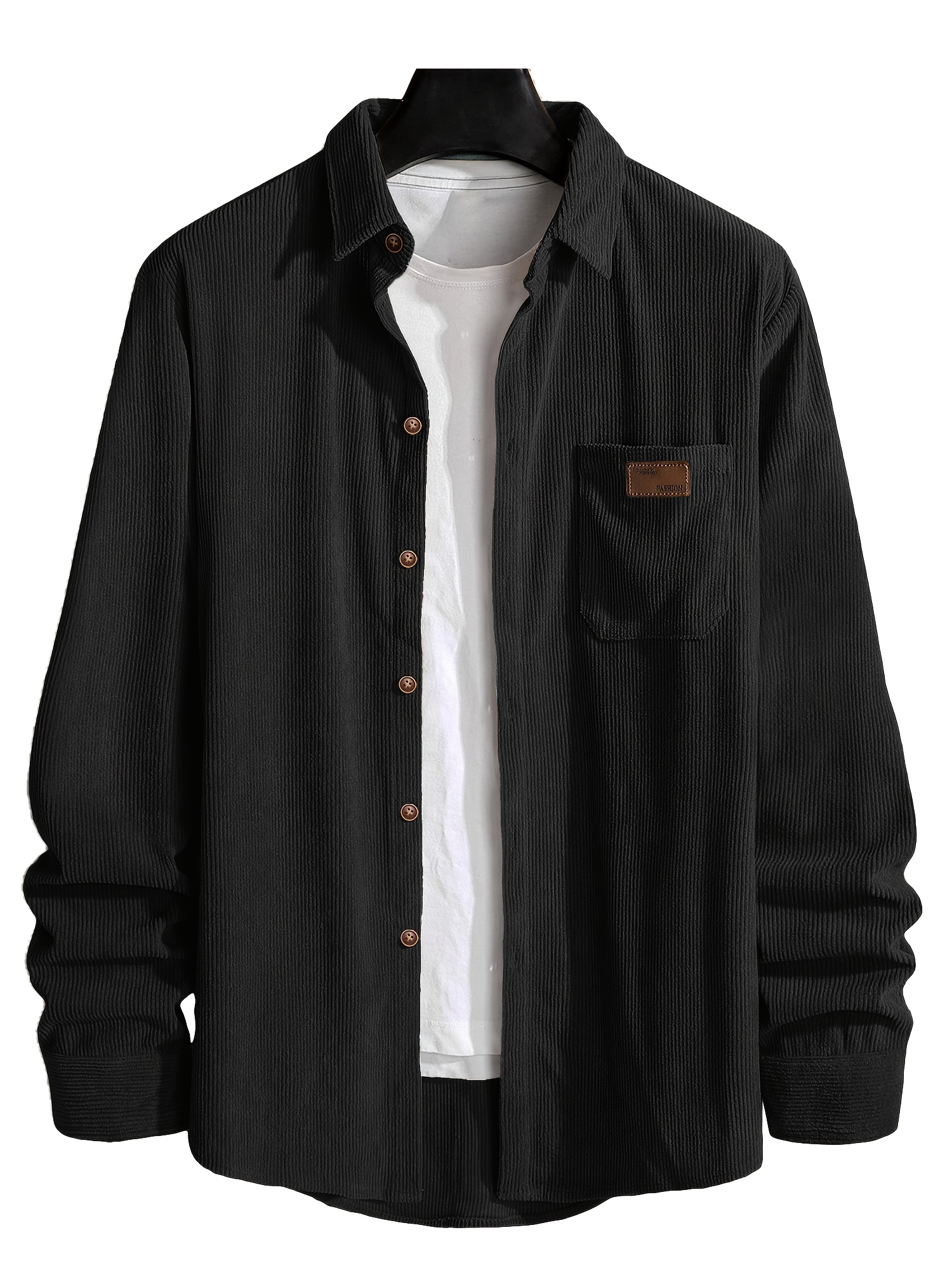 Men's Corduroy Shirt, Men's Shirt Jacket, Classic Lapel Collar with Double Chest Pockets, Button Front, Regular Fit Long Sleeves Spring/Autumn Casual Street Style And Casual Attire, Autumn Layering Piece, Simple And Stylish, Structured Buttons - Image 2