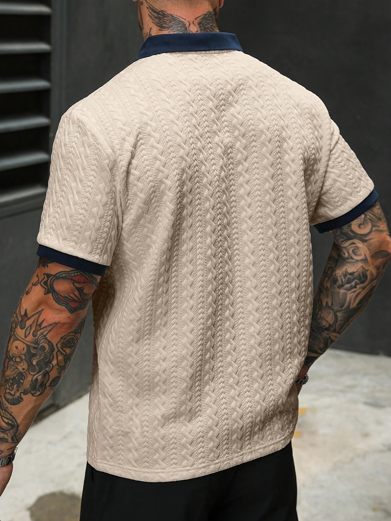 Men's Color-Block Short-Sleeve Casual Commuter Shirt, Men's Shirt, Beige Shirt, Men's V-Neck Wear, Men's Short-Sleeve Sweater Shirt, Men's Textured Shirt, Old Money - Image 5