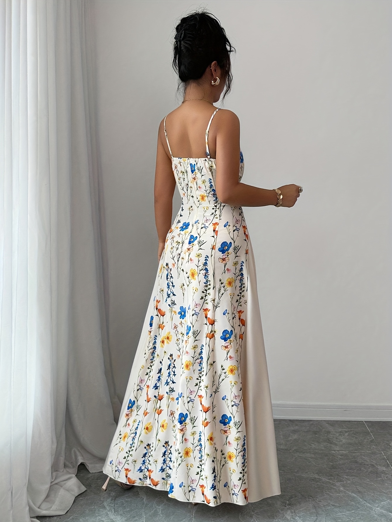 Elegant Floral Print Maxi Dress | French Romantic Spaghetti Strap, Flared Hem, Sleeveless, Backless Detail, Ideal for Spring/Summer - Image 6