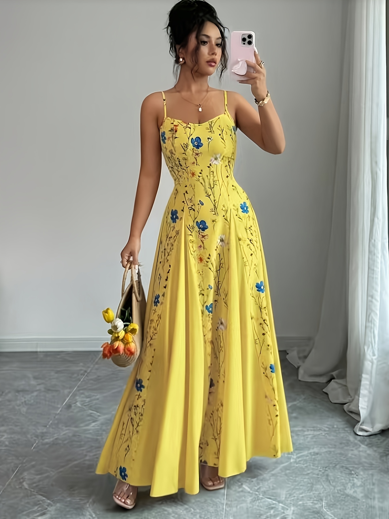 Elegant Floral Print Maxi Dress | French Romantic Spaghetti Strap, Flared Hem, Sleeveless, Backless Detail, Ideal for Spring/Summer - Image 10