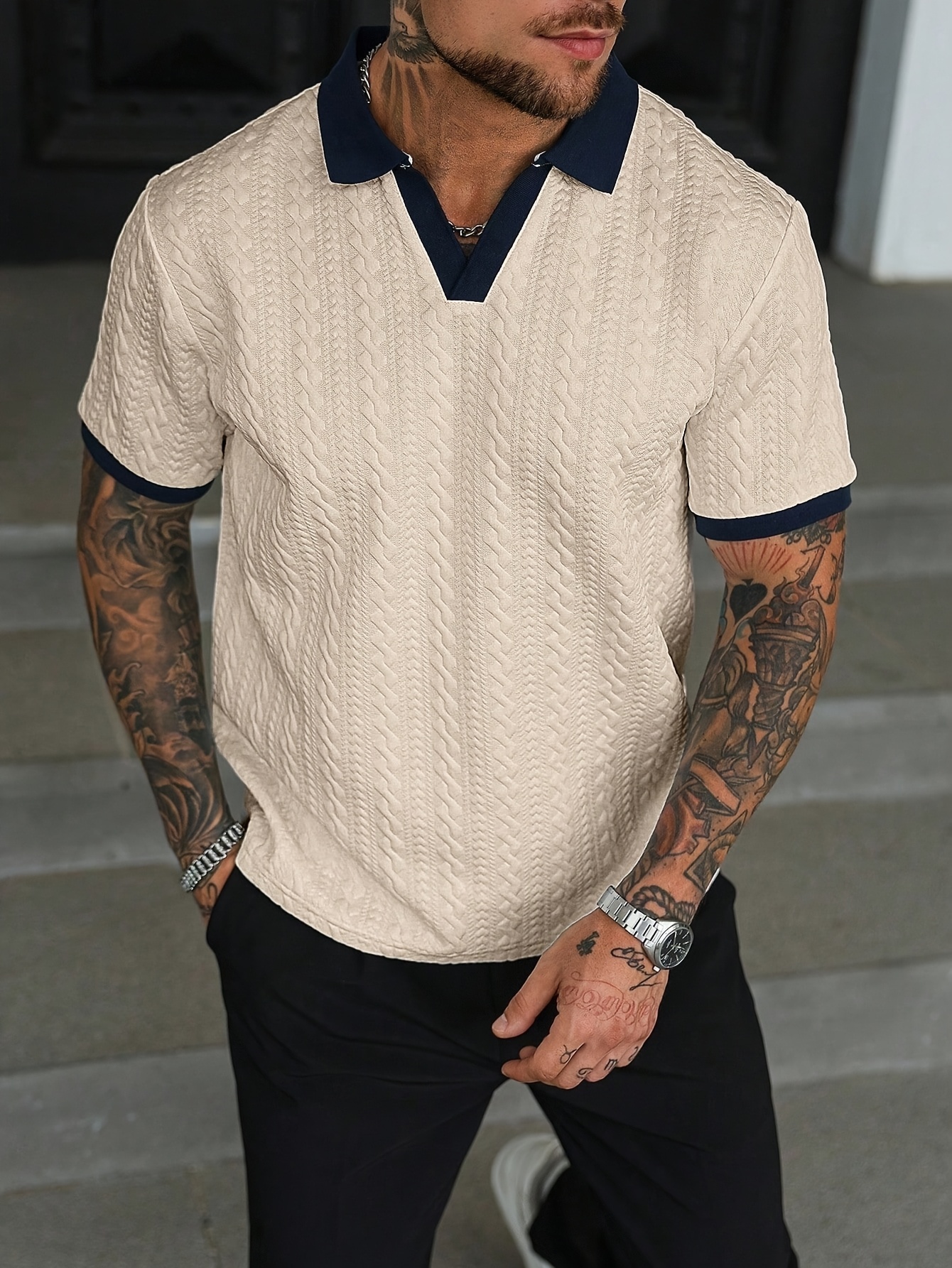 Men's Color-Block Short-Sleeve Casual Commuter Shirt, Men's Shirt, Beige Shirt, Men's V-Neck Wear, Men's Short-Sleeve Sweater Shirt, Men's Textured Shirt, Old Money - Image 2