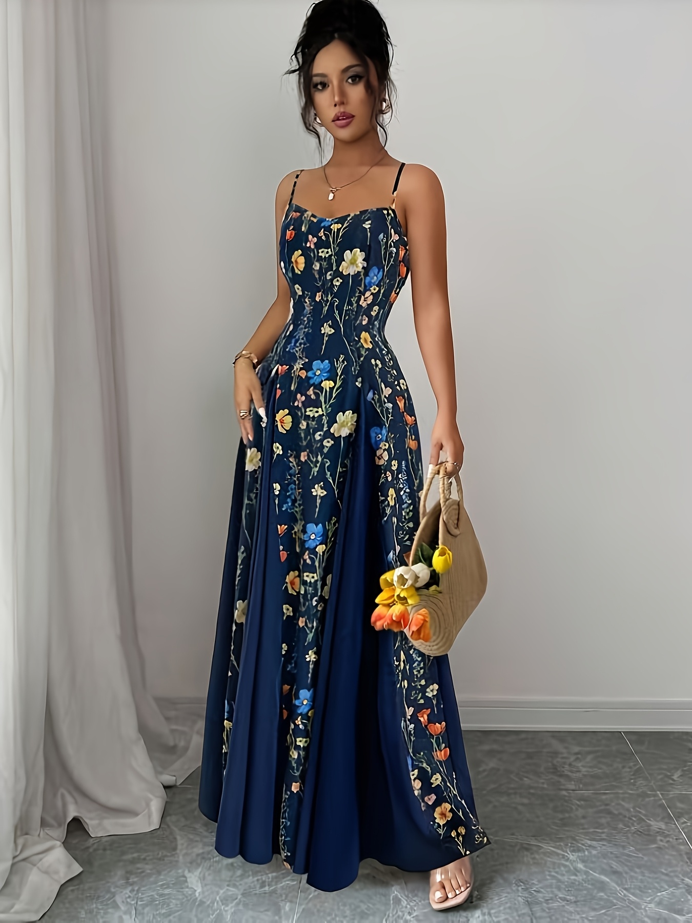 Elegant Floral Print Maxi Dress | French Romantic Spaghetti Strap, Flared Hem, Sleeveless, Backless Detail, Ideal for Spring/Summer - Image 3