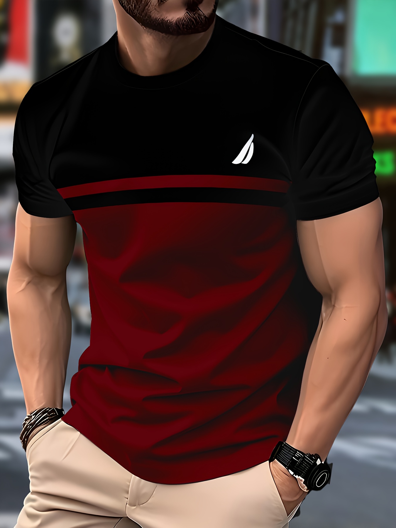 Men'S Casual Crew Neck T-Shirt Made from Knitted Fiber, Featuring a Bit of Stretch, a Fit, And a Striped Design, Ideal for Short Sleeves