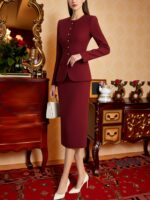 Burgundy Slim-Fit Blazer & Mid-Length Skirt Set