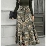 Military Green Spliced Floral Print Long Sleeved Dress for Women | Retro Elegant Style, Suitable for Daily Outings, Light Socializing, And Banquet Occasions