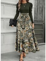 Military Green Spliced Floral Print Maxi Dress