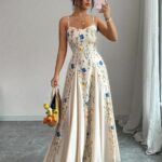 Elegant Floral Print Maxi Dress | French Romantic Spaghetti Strap, Flared Hem, Sleeveless, Backless Detail, Ideal for Spring/Summer