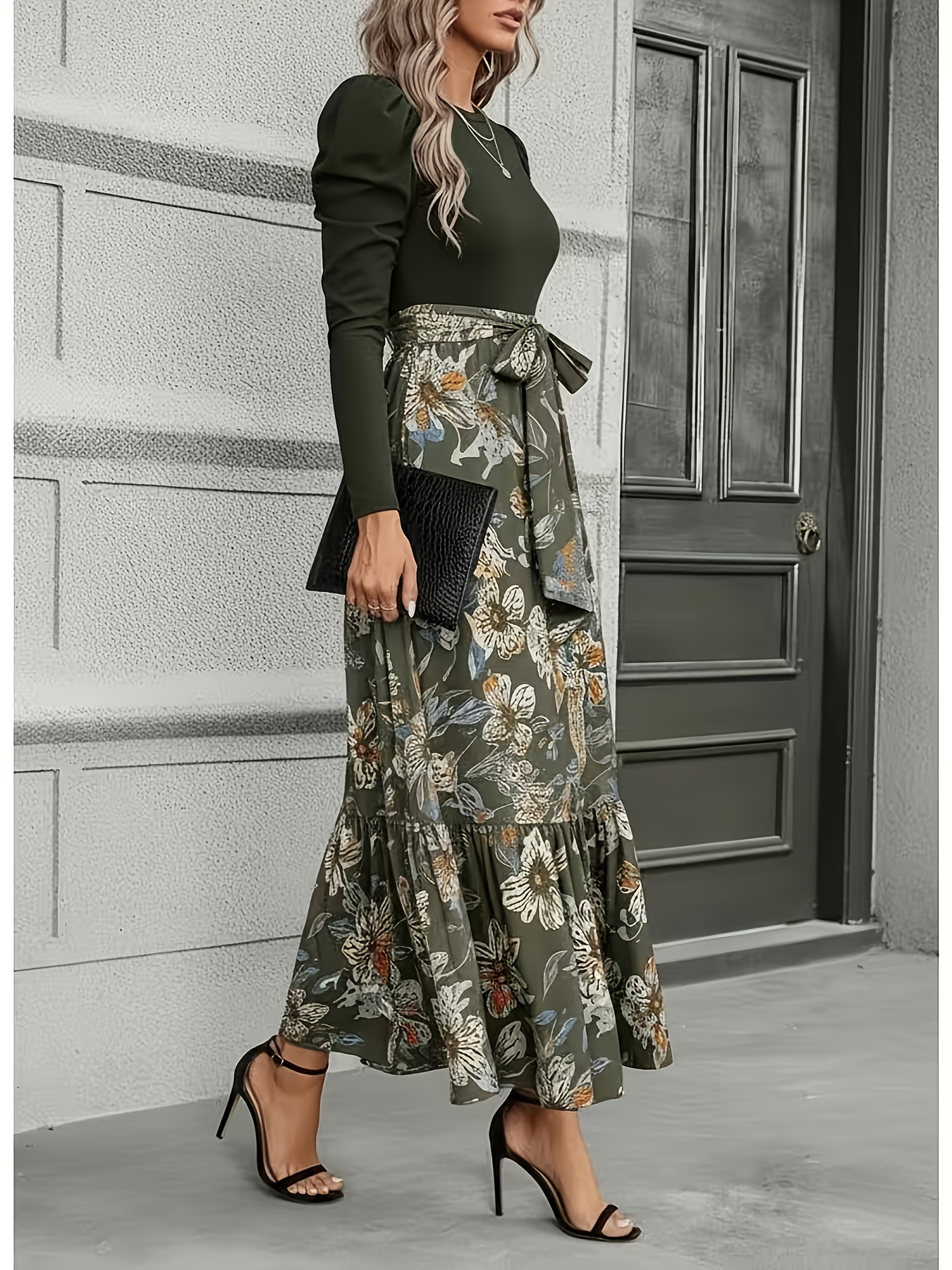 Military Green Spliced Floral Print Long Sleeved Dress for Women | Retro Elegant Style, Suitable for Daily Outings, Light Socializing, And Banquet Occasions - Image 2