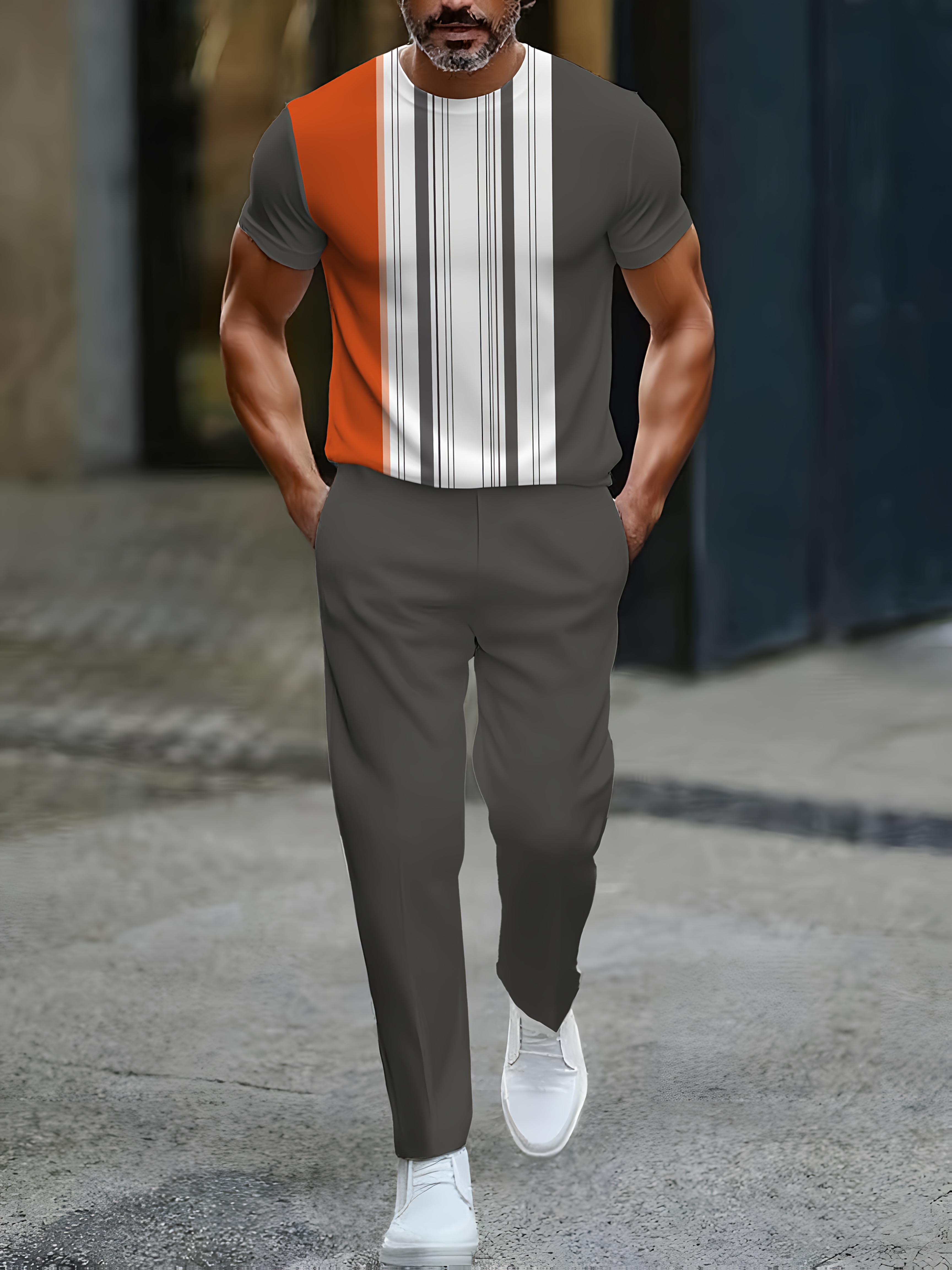 Men'S Trendy 2pcs Outfit Featuring a Geometric Design, Perfect for Everyday Outdoor Activities And Holiday Attire