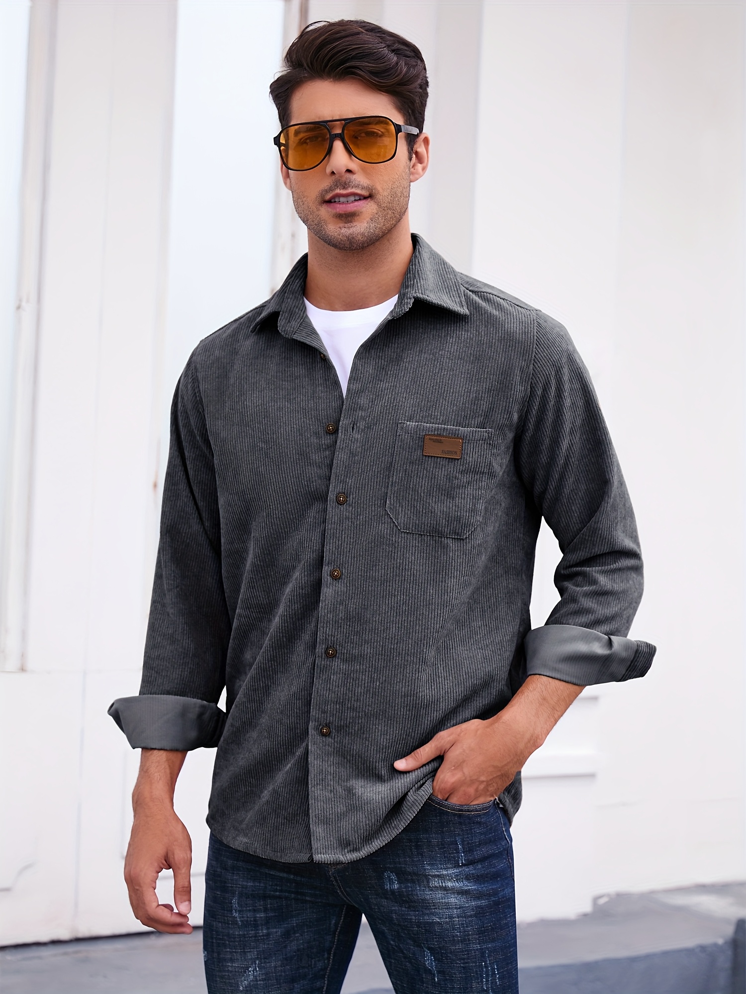 Men's Corduroy Shirt, Men's Shirt Jacket, Classic Lapel Collar with Double Chest Pockets, Button Front, Regular Fit Long Sleeves Spring/Autumn Casual Street Style And Casual Attire, Autumn Layering Piece, Simple And Stylish, Structured Buttons - Image 10