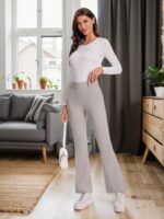 High-Waist Plaid Flare Trousers with Tie Belt - Image 3
