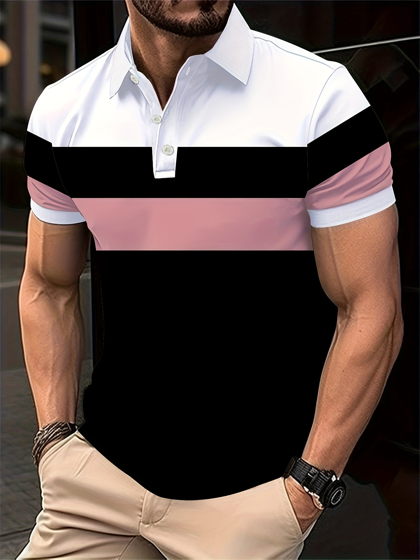 Men'S Polo Shirt with Summer White, Black, And Pink Striped Design, Featuring Short Sleeves, Contrasting Cuffs with White Trim, And a Three-Button Collar. It'S Stylish And Casual, Made from Breathable And Skin-Friendly Fabric - Image 2