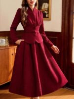 Burgundy Two-Piece Skirt Set with Belted Jacket - Image 3