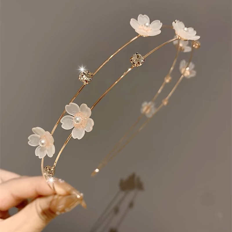 Minimalist Style Zinc Alloy Hairbands Set of 2, Floral Cherry Blossom Dress Up Headbands with Rhinestones, Solid Color Double Layer Hair Accessories for Fashion Outfits - Image 3