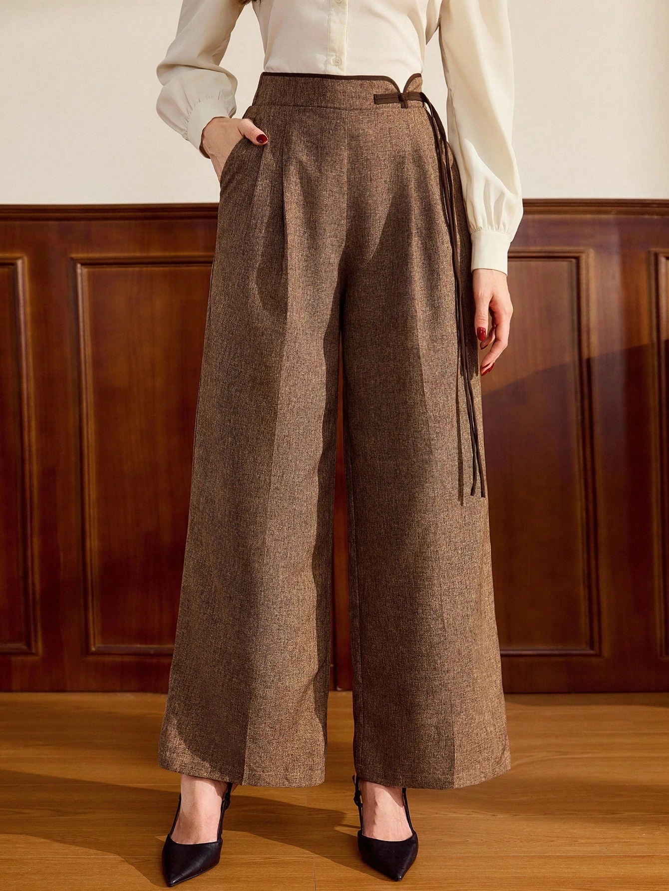 Women's Brown Textured Tie-Waisted Wide-Leg Pants - Retro Elegant High-Waisted Trousers with Pockets, Structured Straight-Leg Fit for Fall/Winter, Casual & Formal Events (Hand Washable, No Dry Clean) - Brown Trousers for Daily Wear - Image 2