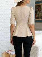 Square-Neck Puff Sleeve Blouse with Waist Cinch - Image 3