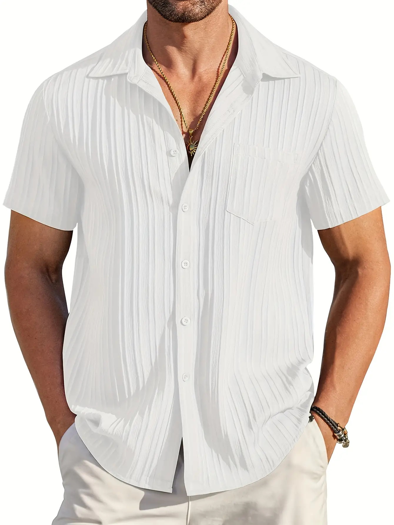 High Quality High Quality High Quality Men's Casual Short Sleeve Shirt- Classic Collar Button Design, Solid Color Non-Stretch Fabric, Machine Washable, Suitable for Office and Social Occasions All Seasons Casual Fashion Casual Fashion Casual Fashion - Image 4
