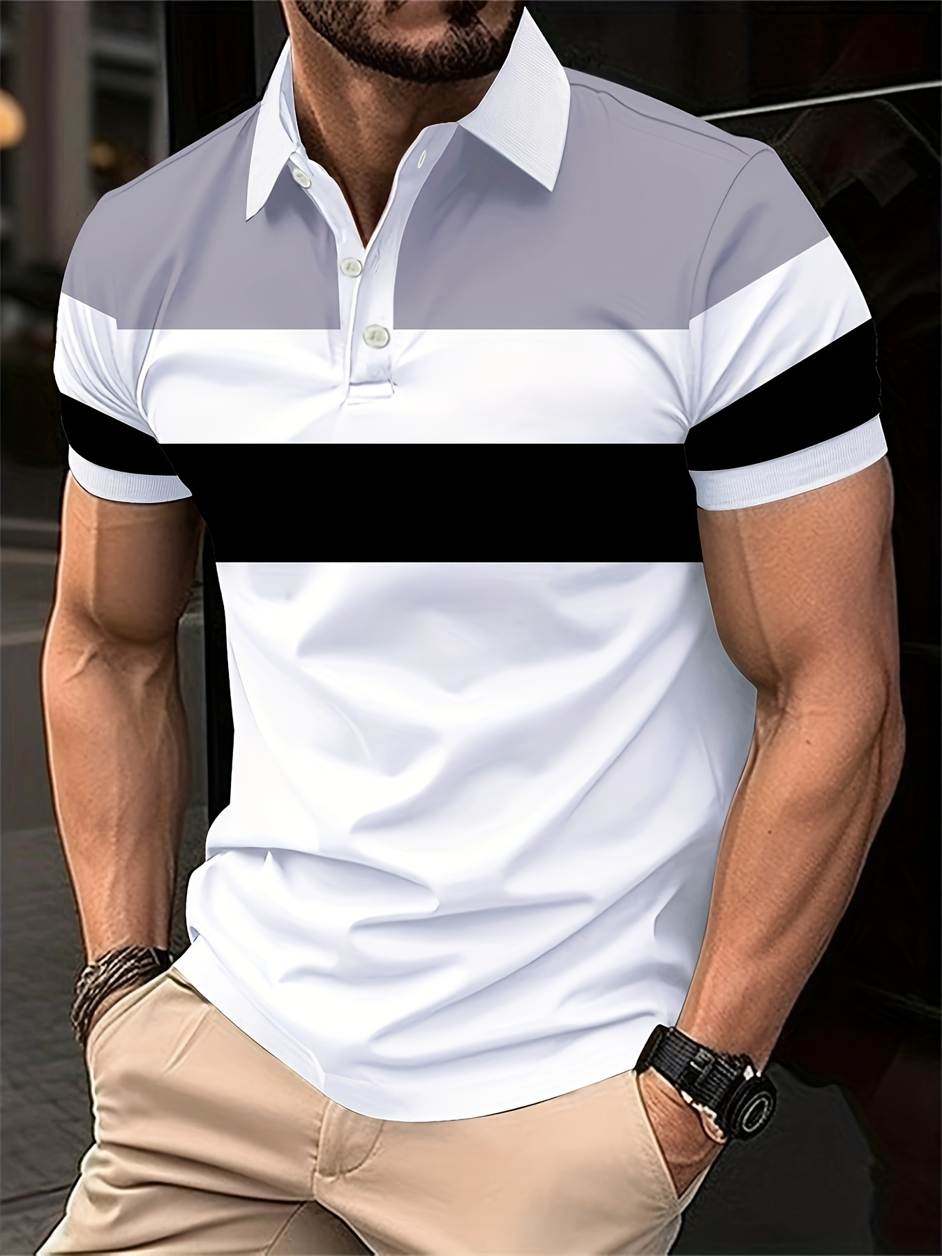 Men'S Polo Shirt with Summer White, Black, And Pink Striped Design, Featuring Short Sleeves, Contrasting Cuffs with White Trim, And a Three-Button Collar. It'S Stylish And Casual, Made from Breathable And Skin-Friendly Fabric - Image 5