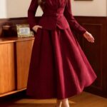 Autumn Winter Elegant Burgundy Two-Piece Set, Belted Jacket with Stand Collar And Midi Swing Skirt for Dinner Dates, Theater Nights, And Sophisticated Events