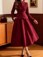 Burgundy Two-Piece Skirt Set with Belted Jacket