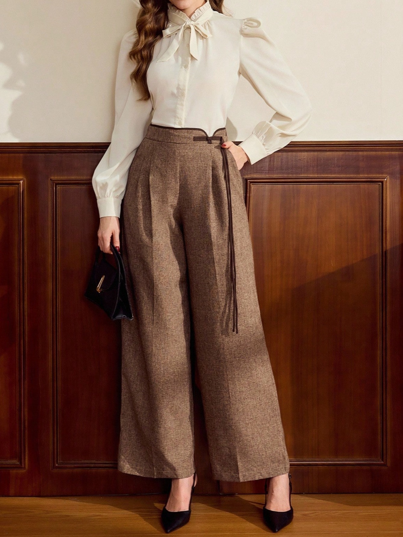 Women's Brown Textured Tie-Waisted Wide-Leg Pants - Retro Elegant High-Waisted Trousers with Pockets, Structured Straight-Leg Fit for Fall/Winter, Casual & Formal Events (Hand Washable, No Dry Clean) - Brown Trousers for Daily Wear