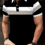 Men'S Polo Shirt with Summer White, Black, And Pink Striped Design, Featuring Short Sleeves, Contrasting Cuffs with White Trim, And a Three-Button Collar. It'S Stylish And Casual, Made from Breathable And Skin-Friendly Fabric