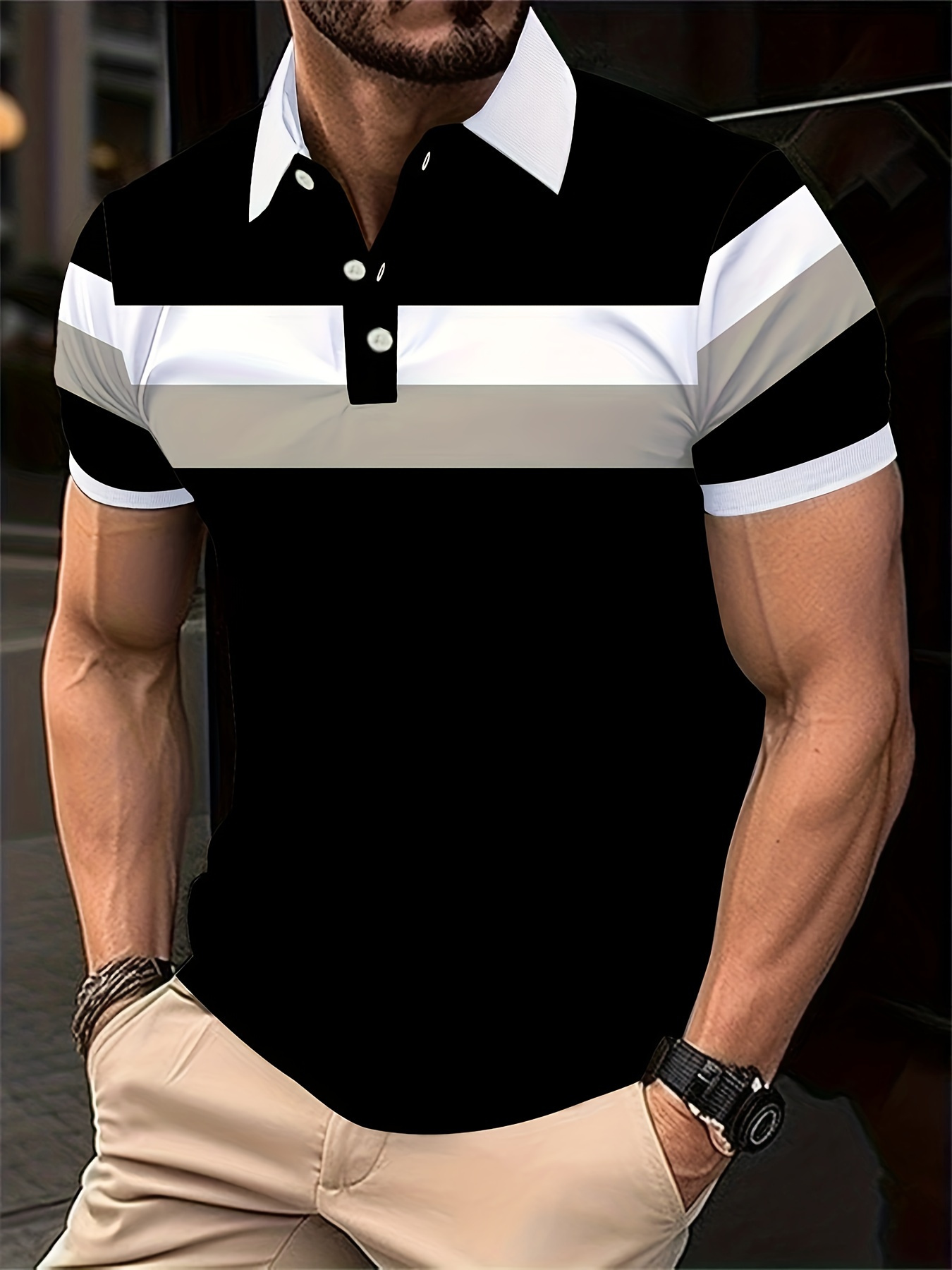 Men'S Polo Shirt with Summer White, Black, And Pink Striped Design, Featuring Short Sleeves, Contrasting Cuffs with White Trim, And a Three-Button Collar. It'S Stylish And Casual, Made from Breathable And Skin-Friendly Fabric