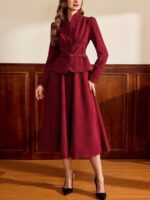 Burgundy Two-Piece Skirt Set with Belted Jacket - Image 2