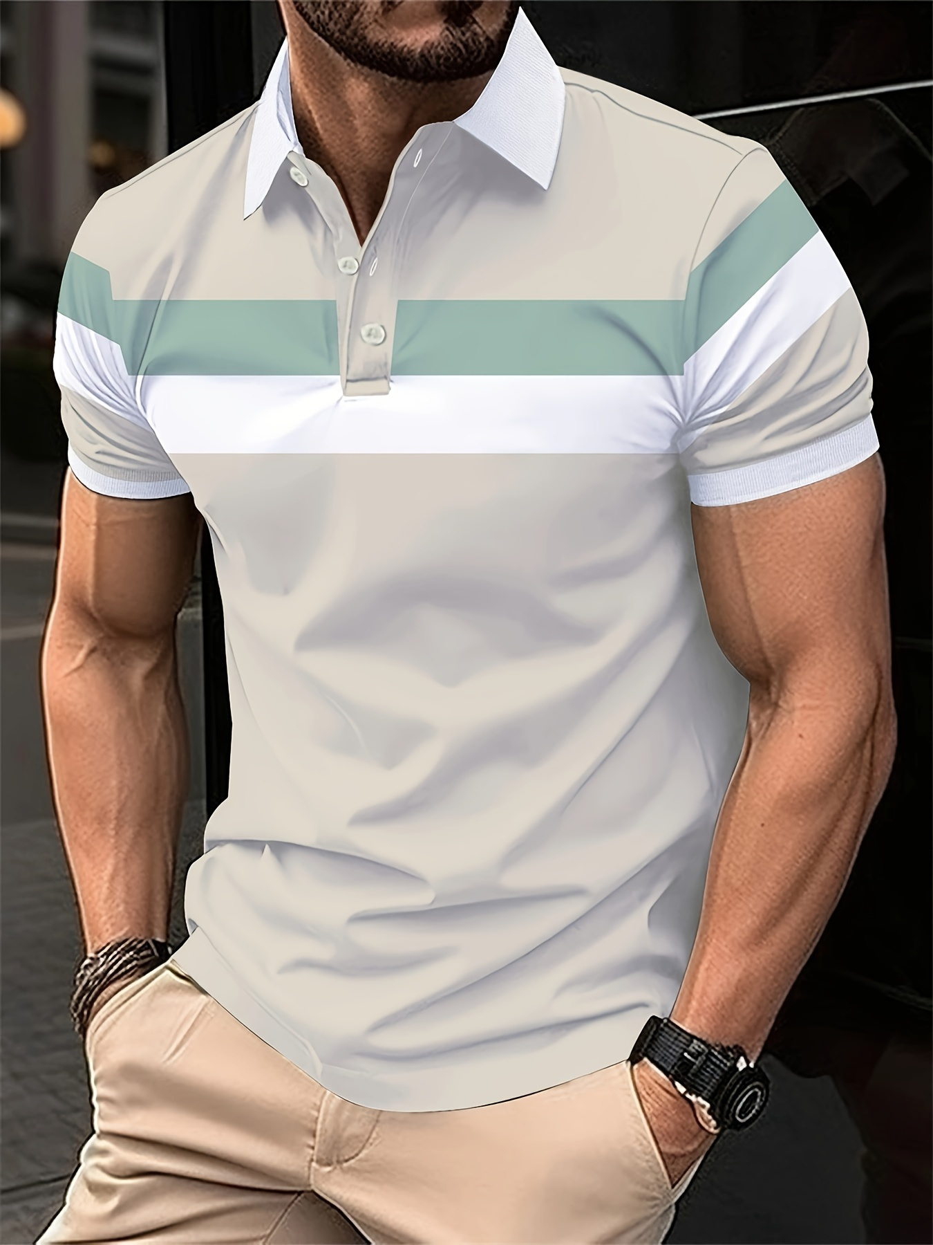 Men'S Polo Shirt with Summer White, Black, And Pink Striped Design, Featuring Short Sleeves, Contrasting Cuffs with White Trim, And a Three-Button Collar. It'S Stylish And Casual, Made from Breathable And Skin-Friendly Fabric - Image 4