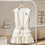 2pcs Women'S Four-Season Crew Neck Sleeveless Top + Skirt Set | Exquisite Minimalist Design, Showcasing Temperament Charm, Ideal For Work Commuting & Casual Business Dates