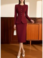 Burgundy Slim-Fit Blazer & Mid-Length Skirt Set - Image 4