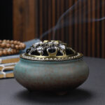 Copper Lid Ceramic Incense Burner Buddha with Antique Alloy Wire Incense Burner - Image 8