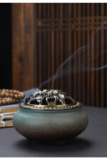 Copper Lid Ceramic Incense Burner Buddha with Antique Alloy Wire Incense Burner - Image 9
